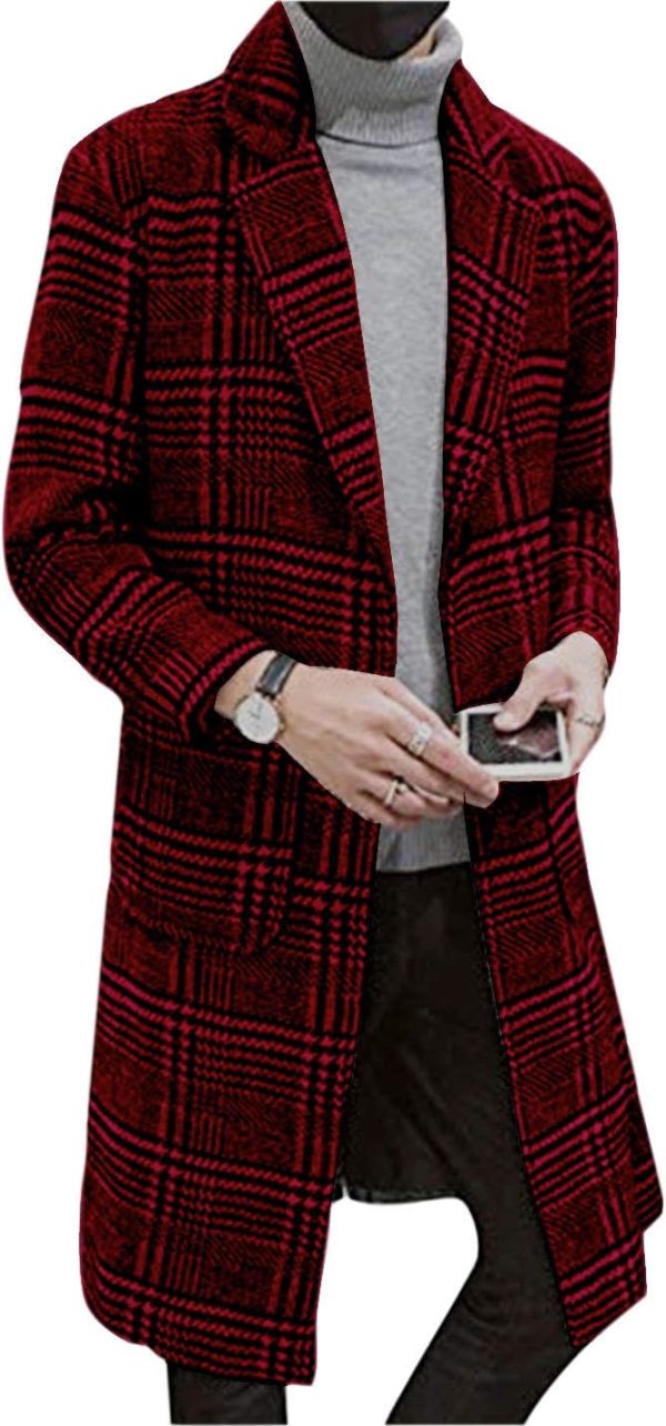 Men Winter Trench Coat  Single Breasted Plaid Mid Long  Overcoats with Pockets