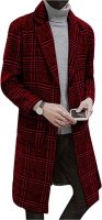 Men Winter Trench Coat  Single Breasted Plaid Mid Long  Overcoats with Pockets