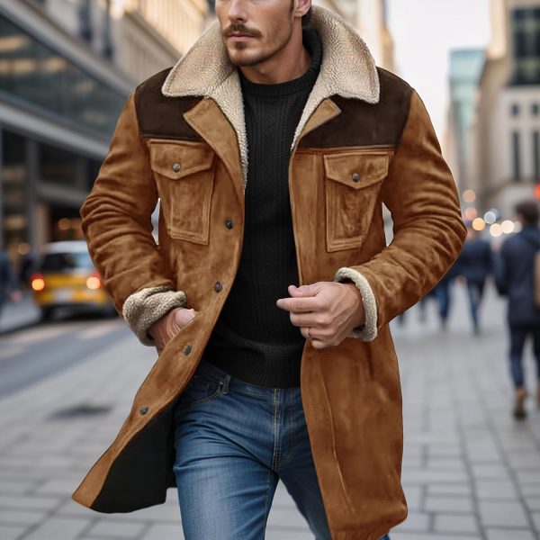 Men Winter Coats Vintage Suede Patchwork Lamb Fleece Long Jacket Trucker Warm Casual Coat Overesized Thick Trench Coat