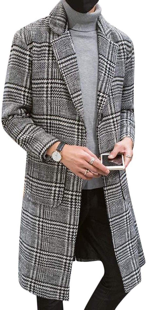 Men Winter Trench Coat  Single Breasted Plaid Mid Long  Overcoats with Pockets