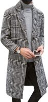 Men Winter Trench Coat  Single Breasted Plaid Mid Long  Overcoats with Pockets