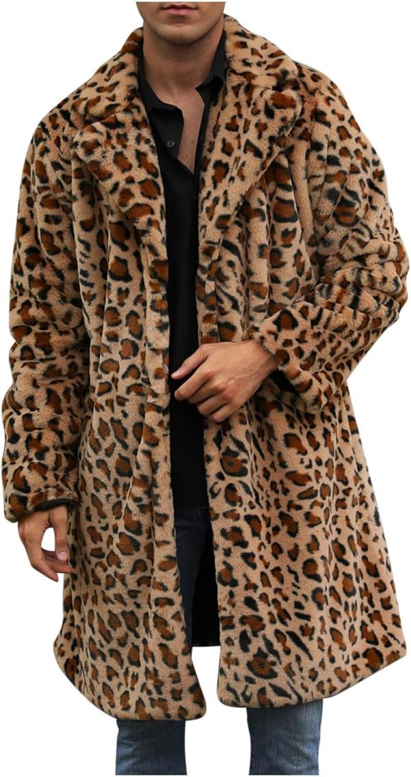 Leopard Print Faux Fur Coat Men Fuzzy Fleece Cardigan Winter Open Front Jacket Warm Overcoat Plus Size Outwear
