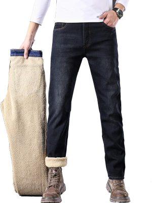 Men Fleece Lined Jeans Straight Leg Stretch Winter Warm Denim Pants