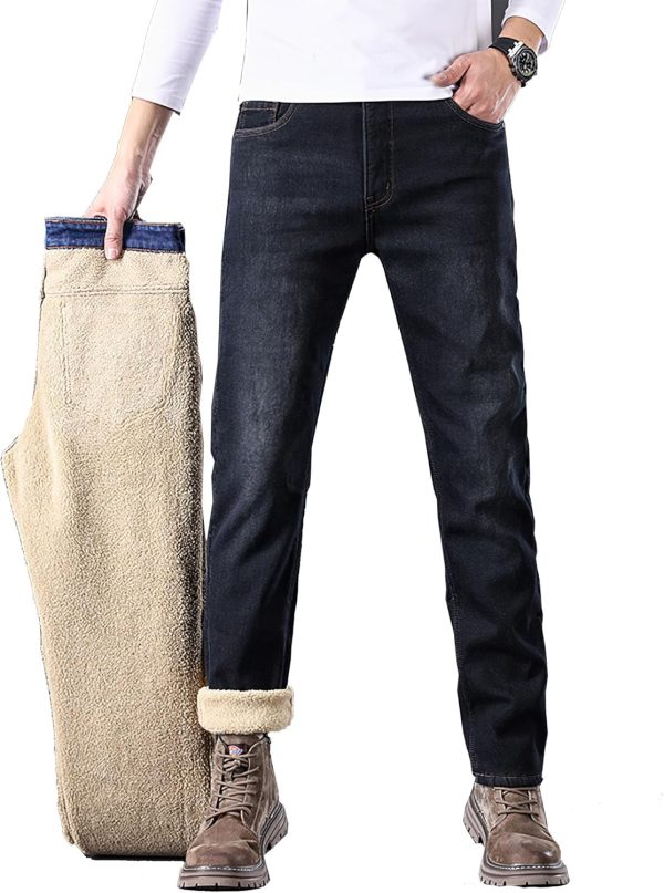 Men Fleece Lined Jeans Straight Leg Stretch Winter Warm Denim Pants