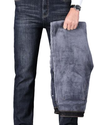 Fleece Lined Jeans for Men Stretch Winter Thermal Pants Business Casual Straight