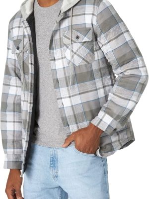 Men Long Sleeve Quilted Lined Flannel Shirt Jacket with Hood