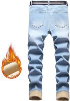 Men Fleece Lined Jeans Winter Warm Flannel Skinny  Stretch Denim Pants