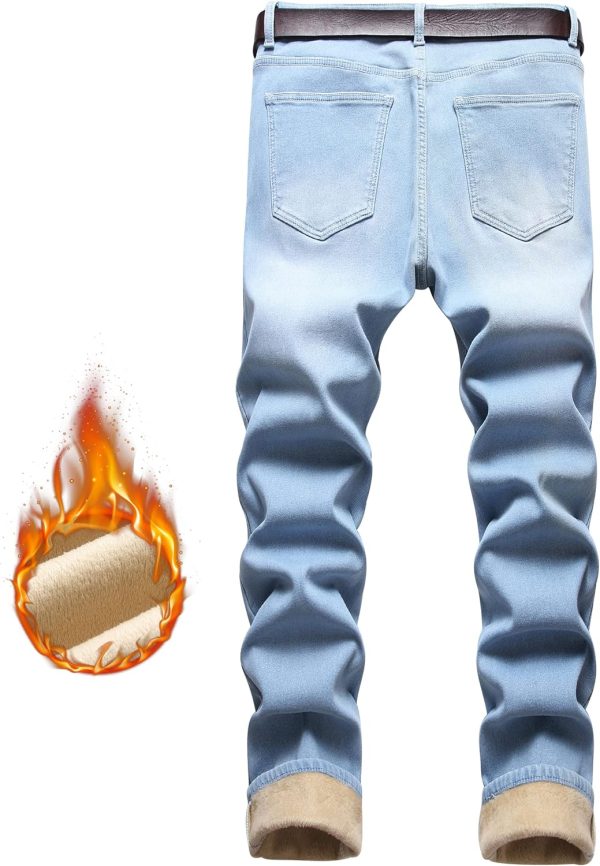 Men Fleece Lined Jeans Winter Warm Flannel Skinny  Stretch Denim Pants