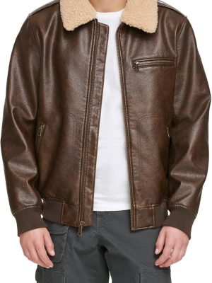 Men Faux Leather Aviator Bomber Jacket with  Collar