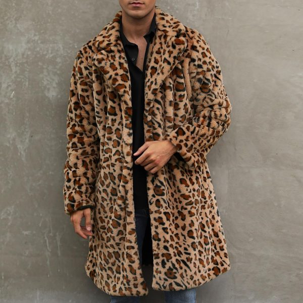 Leopard Print Faux Fur Coat Men Fuzzy Fleece Cardigan Winter Open Front Jacket Warm Overcoat Plus Size Outwear