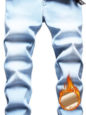 Men Fleece Lined Jeans Winter Warm Flannel Skinny  Stretch Denim Pants
