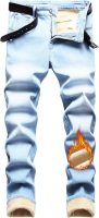 Men Fleece Lined Jeans Winter Warm Flannel Skinny  Stretch Denim Pants