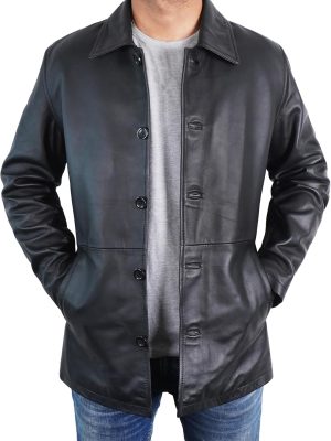 Men Classic Winter Leather Car Coat 3/4 Length - Button Up Real Lambskin Long Jacket